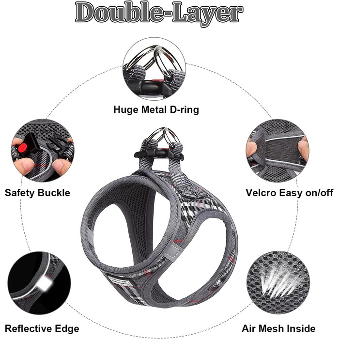 Нашийник для собак маленьких порід з повідком, анти-тягнучий, світловідбиваючий, дихаючий, нагрудник для цуценят (S, обхват грудей: 29-33см) (Сірий в клітинку, XL (обхват грудей: 46-53см, вага: 8-10.5кг))