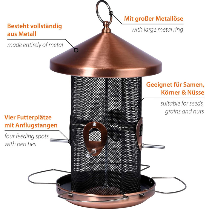 Годівниця для птахів Dobar 11517 з мідною обробкою - металева годівниця для насіння, 20x20x32 см