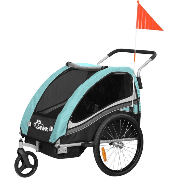 SAMAX Fahrradanhänger Jogger 2in1: Дитячий велопричіп-коляска 2в1, 360° обертання, для 2 дітей - Black Edition Turquoise