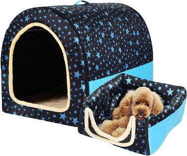 Кішечка/Собачка лежанка знімний килимок, 2-в-1, переносна, складана, хатинка для тварин, XL, чорний з блакитним зірка