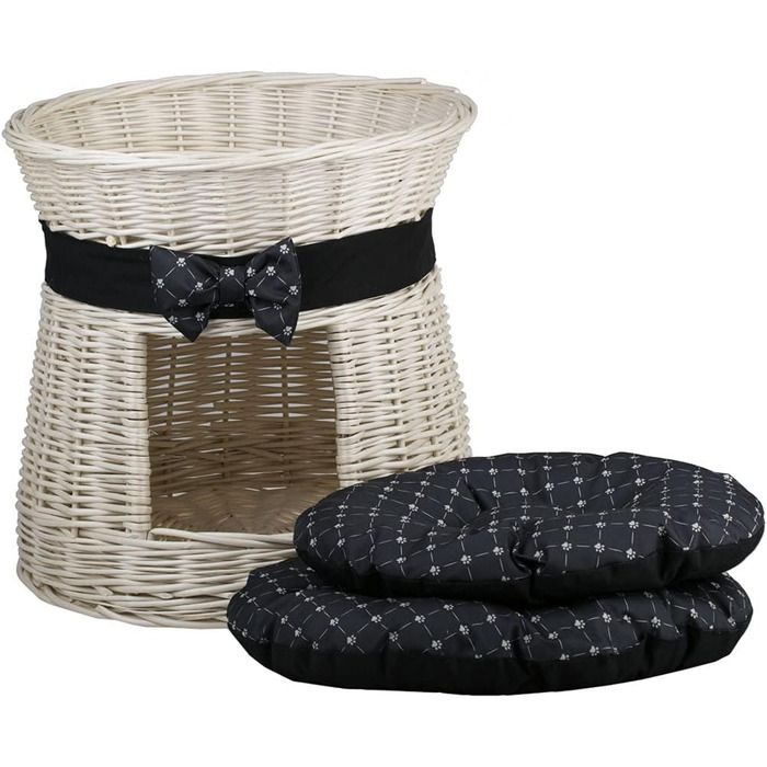Кругла котяча хатинка e-wicker24 з плетеної лози, двоярусна, з подушкою та стрічкою, котячий оазис (кремовий/чорний)