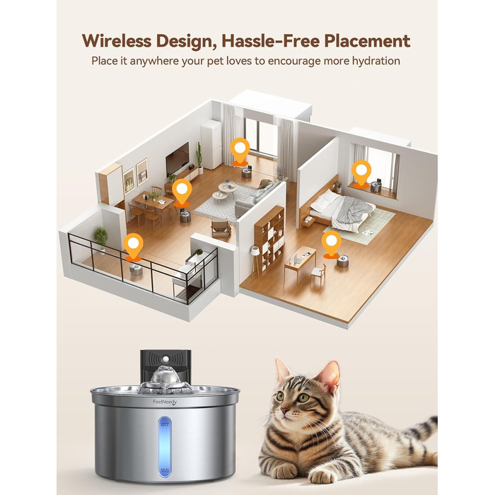 Автоматичний фонтанчик для котів та собак FEELNEEDY FN-W19, 3.5L, з датчиком, бездротовий, з акумулятором 4000mAh, 3 режими, з фільтром з активованого вугілля