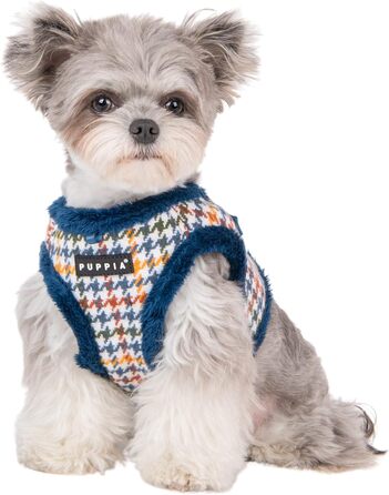 Тепла жилетка-шлея Puppia Kent для собак, зимова, синя, з візерунком «куряча лапка», для малих і середніх порід, розмір L