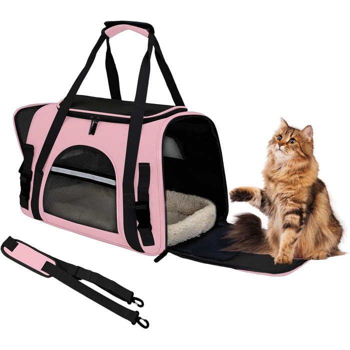 Транспортна сумка для тварин ZSMJAER з підстилкою з флісу, для котів та маленьких собак до 10 кг, рожева