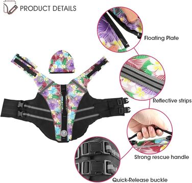 Жилет для собак Французький бульдог з світловідбиваючими смугами, плаваючий жилет для собак, для купання та катання на човні (обхват грудей: 43.2 - 76.2 см, вага: 7.7 - 12.7 кг) M (Обхват грудей: 43-76 см) фіолетовий (квітковий принт)