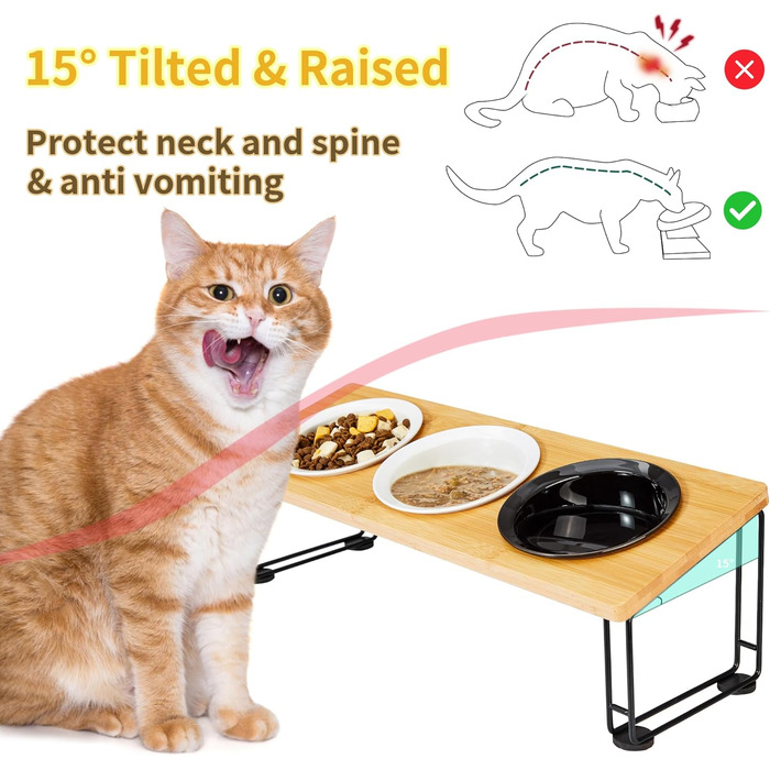 Набір мисок для котів Ousiya Katzennapf Erhöht (3 шт.) з кераміки з підставкою з силікону, 15° нахил, для оптимальної постави при годуванні, запобігає блювоті