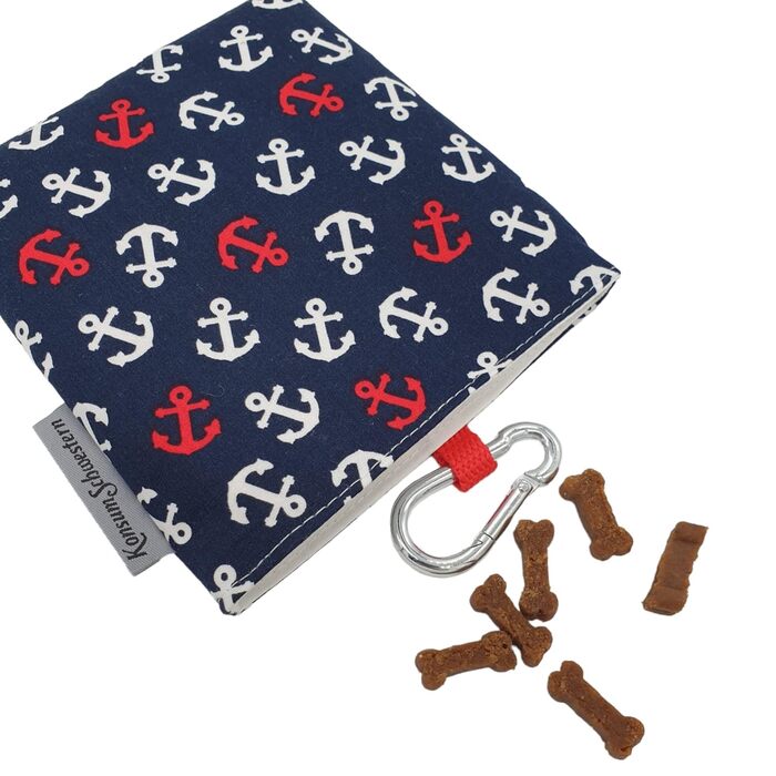 Сумка для ласощів для собак з магнітом та карабіном з тканини - червоно-білі анкери