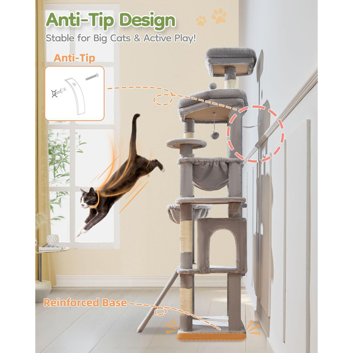 Дерево для котів Taoqimiao 183 см, велике XXL, з будиночком, гамаком, стійке, сірого кольору MS045W