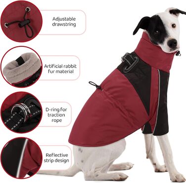 Зимовий одяг для собак, непромокаючий та вітронепроникний з дзвоником для малих, середніх та великих собак, світловідбиваюча куртка з захистом живота (S, червоний)