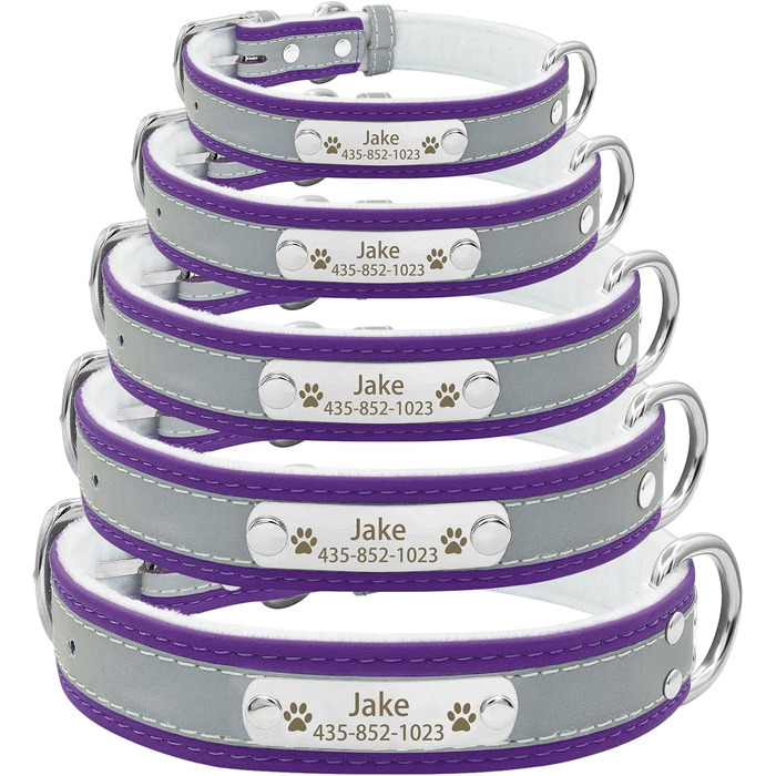 Персоналізоване відбиваюче нашийник та поводок для собак Senristar з гравіюванням, для малих, середніх та великих собак та котів (L, ширина 2,5 см, обхват шиї 34-45 см), фіолетовий комплект