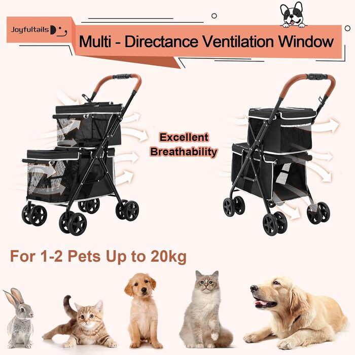 Візок для собак Joyfultails, складний, для маленьких собак та котів до 20 кг (чорний)