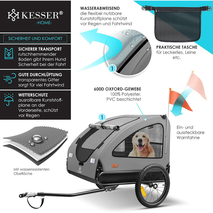 Великий велосипедний причіп-візок для собак KESSER Boxer 2-в-1, 250 л, складаний, 600D Оксфорд, до 45 кг, з прапорцем і сумкою