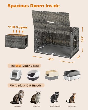 MUTTROS туалет для котів з ротанга, прихований туалет для котів, меблі з ручної плетіння, з високою дверцятами та піднятим бортиком, котячий будиночок-шафка для великих котів, для дому, вітальні, сірий