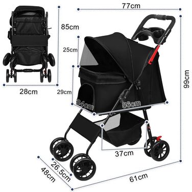 Дитяча коляска для собак та котів Homewell, складана, до 20 кг, з ременями, вантажний відсік та тримач для напоїв (Чорний)