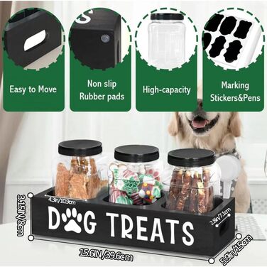 Контейнер для ласощів для собак Niciksty, дерев'яний контейнер для корму з 3 скляними банками, контейнер для корму для собак та котів, чорний