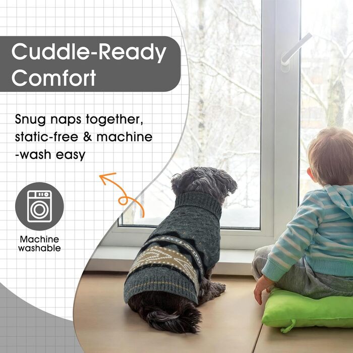 Вовняний пуловер з коміром-хомутом для собак на зиму, теплий візерунок Fair-Isle, сірий, розмір XXL (XX-Large)