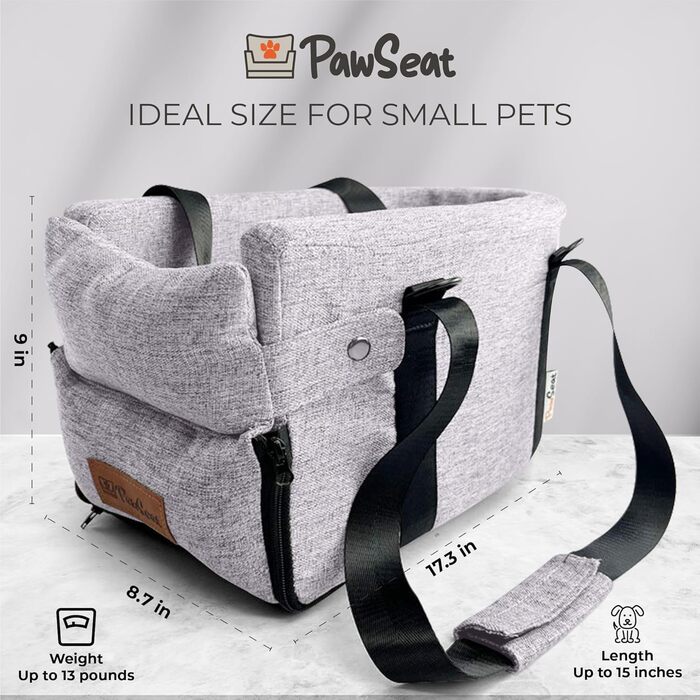 Автокрісло для собак Mittelkonsole для маленьких собак та цуценят, 2,3–5,9 кг, підлокітник, безпечні ремені, кишені для зберігання, сірий