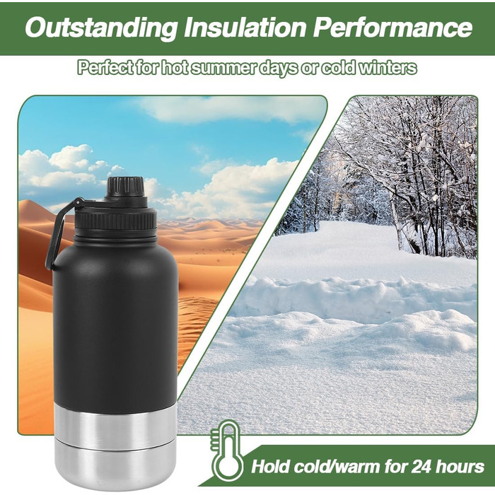 Водяна пляшка для собак на прогулянці, 950 мл, з мискою, ізольована, нержавіюча сталь, для подорожей та активного відпочинку