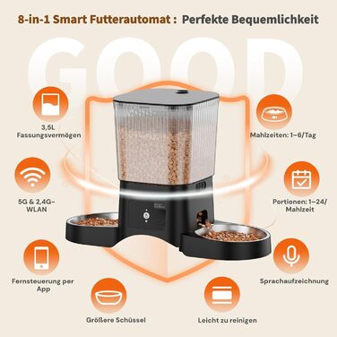 Автоматичний годівник для котів та собак HoneyGuardian з Wi-Fi, 2 миски, 3.5L, чорний