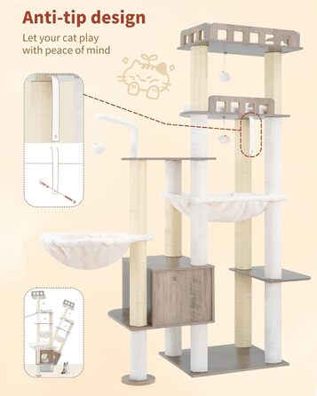Дерев'яний когтеточка Heybly Kratzbaum 179 см з будиночком та гамаком, HCT121WB (Вінтаж-Сірий)