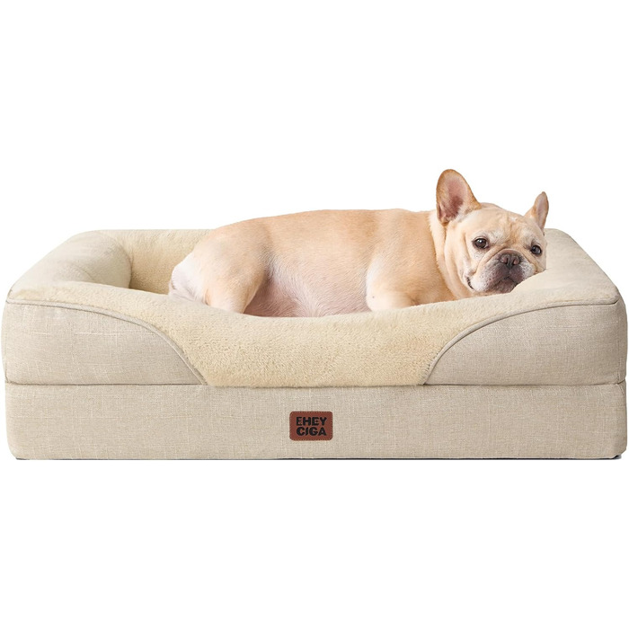 Ортопедичне ліжко для собак EHEYCIGA, 76x51x16.5 см, Memory Foam, водовідштовхувальне, кошик для собак з 4 бортиками, бежеве