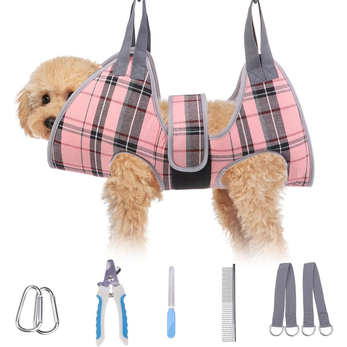 Гаммачна для догляду за собаками BeautyZoo з регульованою шлейкою та сталевим гребінцем, фіксатор для грумінгу, ідеальний підвіс для собак для безпечного та безстресового догляду XS (розташування ніг: 1.8-2.9 м / Макс. вага: 6.8 кг) (XS (Leg Spacing: 6-9.