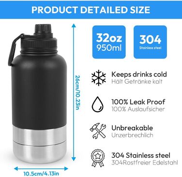 Водяна пляшка для собак на 950 мл з мисками для їжі та води, 4 в 1, з нержавіючої сталі, без BPA