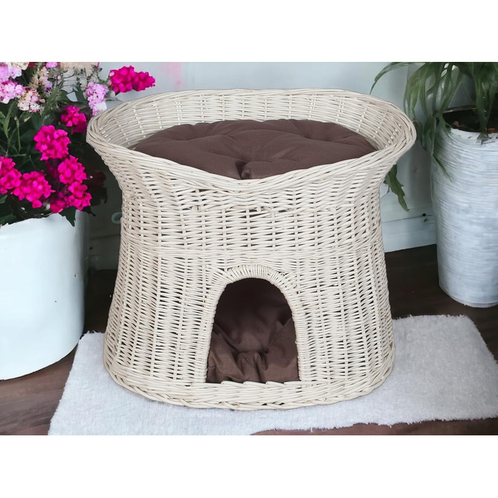 Корзина для котів, лежанка для котів, будиночок для котів L, 60 см, овальна, з плетеної лози, двоярусна, коричнева, знімні подушки