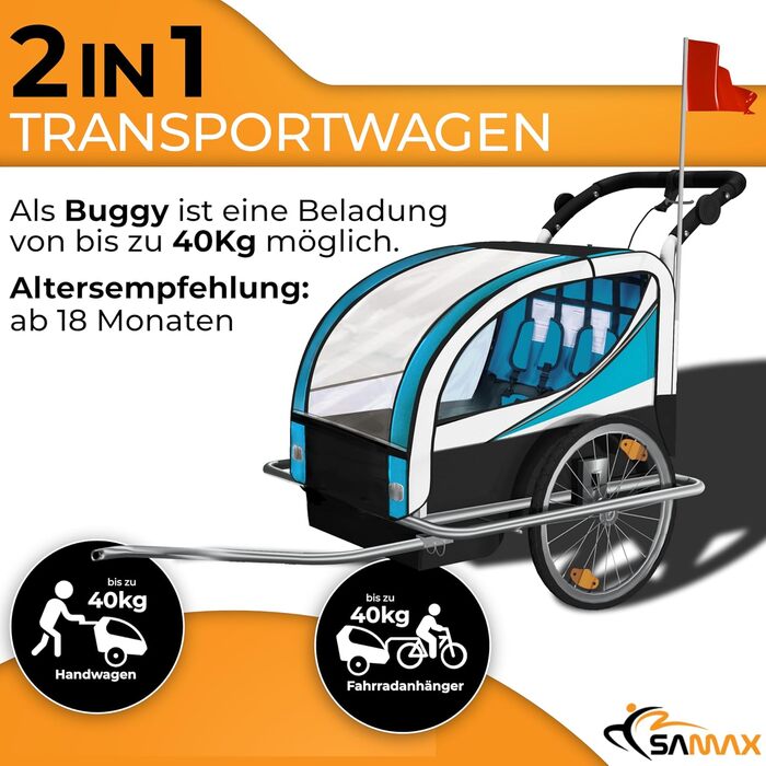 SAMAX Fahrradanhänger Jogger 2in1: Дитячий велопричіп-коляска 2в1 для 2 дітей, повне зчеплення, поворот на 360° (Блакитний - Срібляста рама)