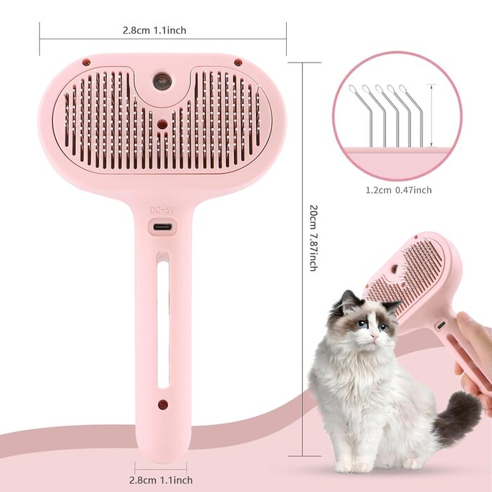 3-в-1 Парова щітка для котів та собак - видалення шерсті, гребінець з функцією швидкого вивільнення & водяний спрей, щітка для боротьби з випаданням шерсті, для довгої та короткої шерсті (Рожевий)