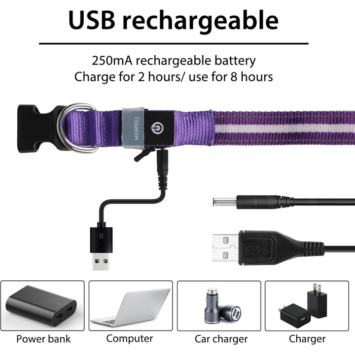 Світловідбиваючий нашийник для собак Masbrill з LED підсвічуванням, водонепроникний, 3 режими освітлення, фіолетовий