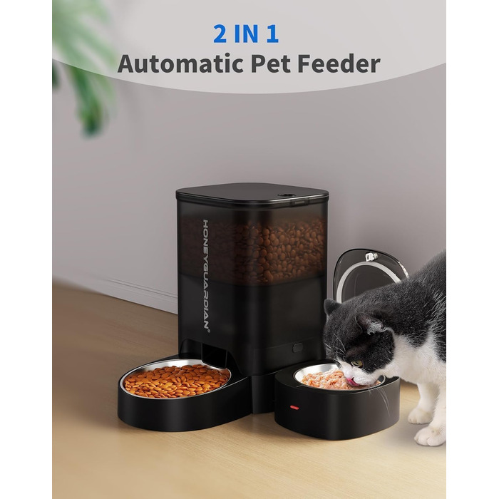 Автоматичний годівниця для котів HoneyGuaridan 2-в-1 з Wi-Fi, для сухого та вологого корму, з охолодженням та сухим мішечком, чорний