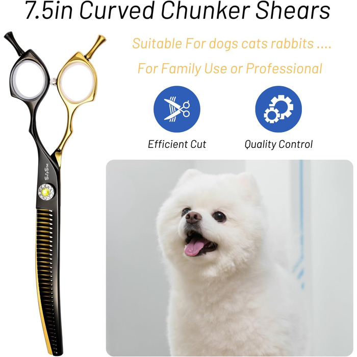 Професійна вигнута ножиці для грумінгу домашніх тварин 7.5 дюймів (25 градусів), 35 зубів, розрідження 65%, Gold High-End