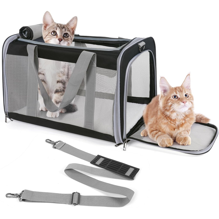 Транспортна сумка для великих котів (до 9 кг), складана переноска для котів/2 кошенят, м'які стінки, переноска для собак з надійним ремінним кріпленням, чорного кольору