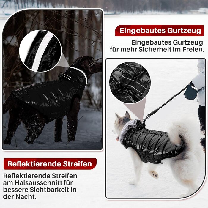 Звуковий теплий зимовий куртка для собак з флісовим коміром, куртка для собак з двома блискавками, відображає світло, для малих, середніх та великих собак (Чорний, XL)