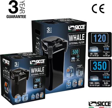 Зовнішній каністровий фільтр SICCE Whale 500 для акваріума, 390 GPH, ультратихий, для прісної та морської води, самовсмоктувальний, швидке від'єднання