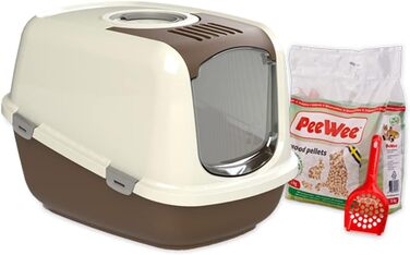 Туалет для котів PeeWee XXL EcoDome з кришкою, закритий котячий туалет з 3 кг деревних гранул, коричнево-слонової кістки