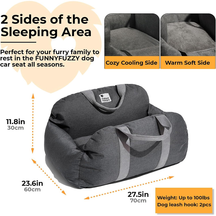 Підвищення для собак у машину FUNNYFUZZY: зручне та безпечне місце для маленьких собак, з кишенями та поводом, знімний наповнювач, 2 місця, нейлон