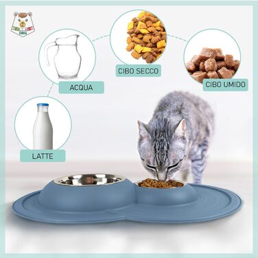 Миска для котів Patam Doppel з нержавіючої сталі з антиковзною підкладкою, анти-перекидна, виробництво Італія, Jerry Grün (Tom Blau)