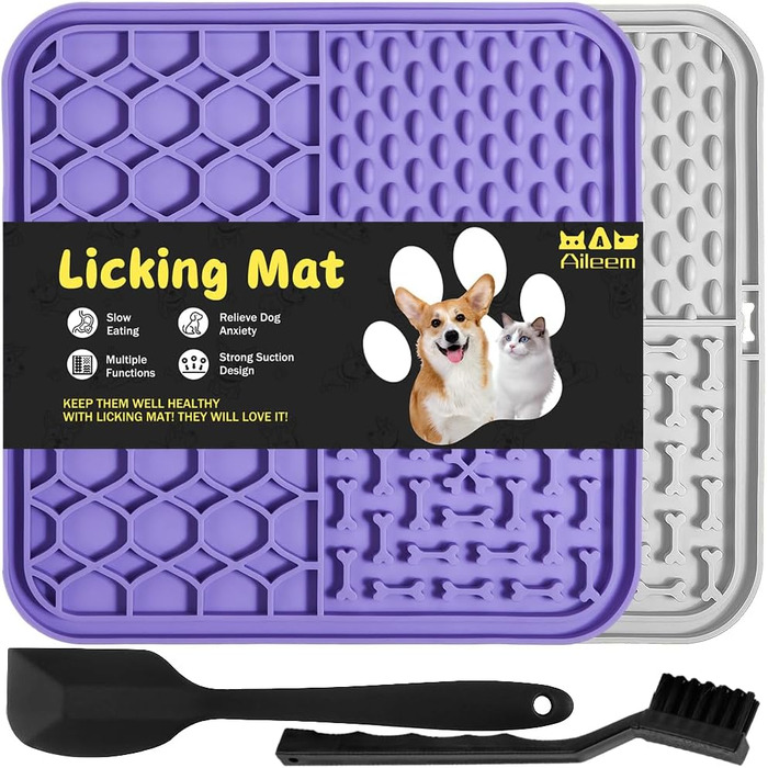 Килимок-лизун для собак та котів, 20 см, з міцними присосками для зняття тривоги та розваг, для купання та дресирування, лопатка та щітка, 2 шт. (фіолетовий та сірий)