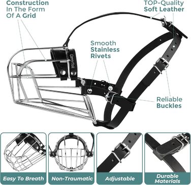 Металева маска-намордник для собак CleverTail Husky Maulkorb - надійний захист від укусів та агресії для великих та середніх собак. З регульованими шкіряними ремінцями та сталевим каркасом.