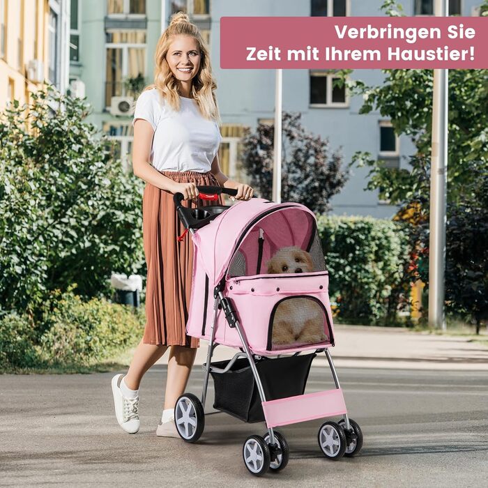Візок для собак та котів COSTWAY, до 15 кг, рожевий, з сітчастими віконцями, тримачем для напоїв, кошиком та сонцезахистом