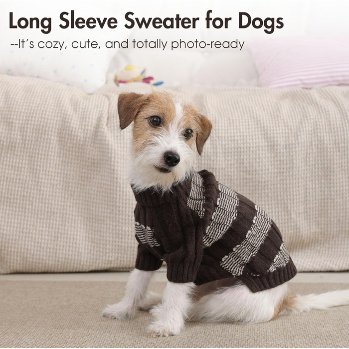 Теплий в'язаний пуловер для собак маленьких порід з отвором для повідка - коричневий, для Ши-тцу, Мопса, з пітонами