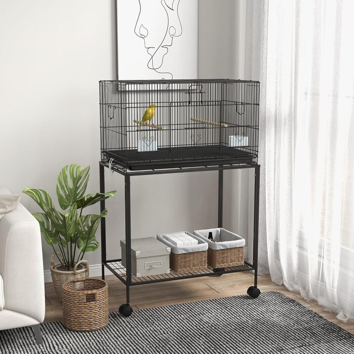 Клітка для птахів PawHut 77x46x119 см, металева, знімний піддон, жердочки, годівниці, для хвилястих папуг і канарок, чорна