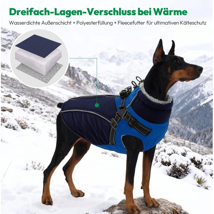 Зимовий теплий одяг для собак - куртка для маленьких собак з шлейкою, флісовою підкладкою та світловідбиваючими елементами, блакитна, XS (обхват грудної клітки 35 см)