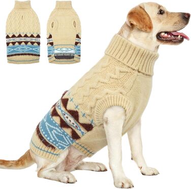 Вогняний ролкроген-светр для зими, м'який візерунок Fair-Isle, одяг для домашніх тварин без бокових ніжок, для повідка – підходить для собак маленьких, середніх та великих порід, розмір XXL (XX-Large, світло-бежевий)