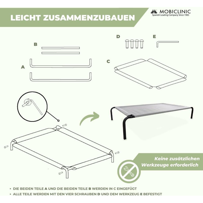 Mobiclinic® Cleo: Підвищене собаче ліжко, сіре, 122x71x21 см. Ізольоване, для внутрішнього та зовнішнього використання, міцне, легко миється, без інструментів, до 60 кг