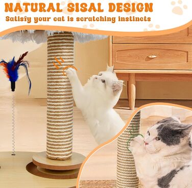 Кігтеточка-гойдалка для котів з платформою, сизаль, зручне ліжко з штучного хутра, іграшки для котів (2 м'яти, 4 дерев'яні, 1 інтерактивна джура), 5 шт.
