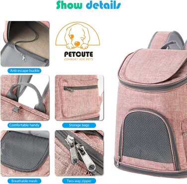 PETCUTE Рюкзак для собак, дихаючий, з м'яким матрацом, складний, з безпечною лінією, для подорожей, велосипеда, літака (Рожевий)