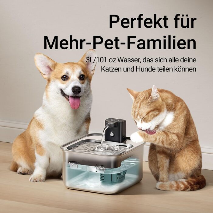 Ка fountain для котів DownyPaws: нержавіюча сталь, бездротовий, з датчиком руху, 3л, тихий, легкий у чищенні